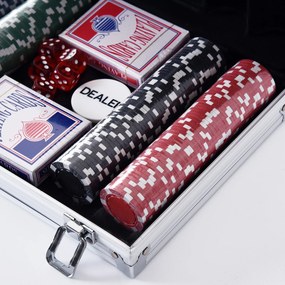 Mala de Pôquer Profissional com 200 Fichas Jogo de Pôquer Casino com Maleta de Alumínio 5 Dados 2 Baralhos de Cartas e 1 Ficha de Dealer 29,5x20,5x6,5