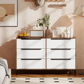 Cómoda com 6 Gavetas de Tecido Frentes com Padrão de Diamante Móvel de Arrumação 117,5x30x73,5 cm Madeira e Branco