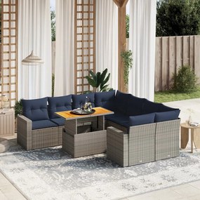 vidaXL 9 pcs conjunto sofás p/ jardim c/ almofadões vime PE cinzento