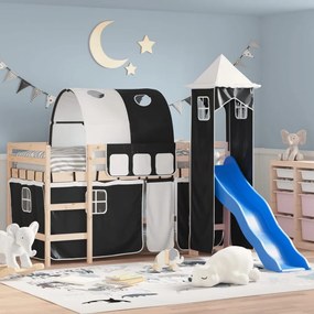 vidaXL Cama alta criança c/ torre 90x190 cm pinho maciço branco/preto