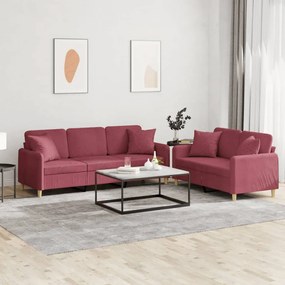 2 pcs conjunto de sofás com almofadas tecido vermelho-tinto