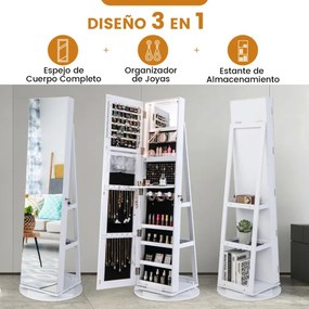 Espelho Guarda Joias rotativos 360° com luzes LED Espelho de corpo inteiro Com Estante 54,5 x 161 cm Branco