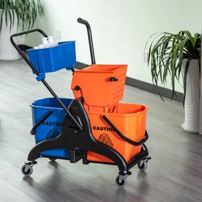 HOMCOM Balde para esfregona comercial Balde para esfregona com escorredor de baixa pressão 26L Capacidade com 4 rodas silenciosas Baldes separados duplos 78x45x95cm Laranja e azul