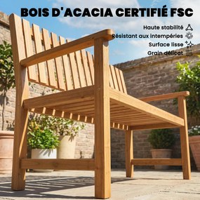 Banco de jardim 112 x 64 x 92 cm, de 2 lugares, carga máxima de 320 kg, com braços, madeira de acácia natural