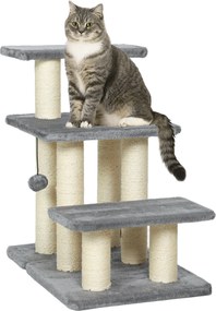 Escada ajustável para animais de estimação com 3 degraus, escada para gatos e cães, com arranhadores de sisal e bola, 52 x 34,5 x 54 cm, cinzenta