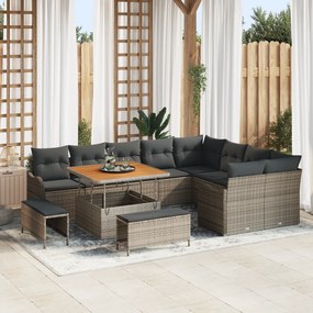 vidaXL Conjunto de Sofás de Jardim 12 Peças com Almofadas Cinza Polirattan Acácia