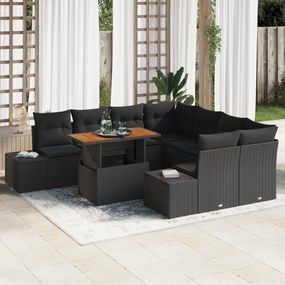 Conjunto de Sofá de Jardim de 9 Peças com Almofadas Preto de Rattan Po