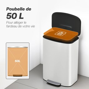 Caixote do lixo de cozinha de 50 L, com pedal, balde interior removível, tampa com fecho suave, 45,1 x 36,5 x 62,6 cm, branco creme
