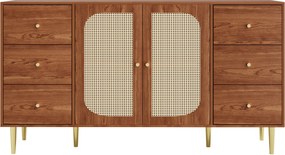 Aparador de rattan com gavetas, elegante armário de arrumação, 160x40x90 cm, Castanho