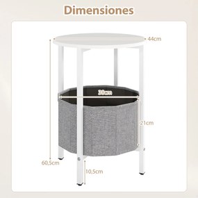 Mesa apoio redonda 44 x 60,5 cm para espaços pequenos de dois níveis com cesto de tecidoEstrutura metálica para sala de estar e quarto cinzenta