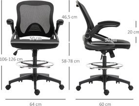 Cadeira de escritório ergonómica, com apoio para os pés com encosto em malha, altura ajustável, braços, assento almofadado e giratório a 360°, preta