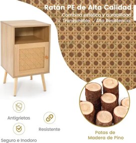 Mesa cabeçeira ou de apoio com Estante e Porta Decorada em Rattan PE para Quarto Sala de Estar 40 x 39 x 70 cm Natural