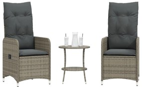 Cadeiras jardim reclináveis 2 pcs com mesa vime PE cinzento