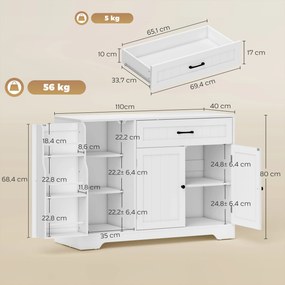 Armário de cozinha 110 x 40 x 80 cm, móvel de arrumação com gaveta, 3 portas com fecho suave, suportes para copos e prateleiras ajustáveis, branco
