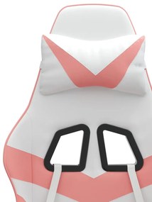 Cadeira gaming giratória c/ apoio pés couro artif. branco/rosa