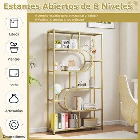 Estante de 8 prateleiras abertas 95 x 30 x 175 cm Design em forma de U Estrutura metálica Branca e Dourada