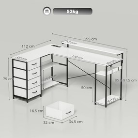 Secretária de canto com 4 gavetas com tomdas 155x112x85,5-91,5 cm Branco
