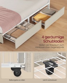 Estrutura de cama em metal 160 x 200 cm com iluminação LED, com gavetas e cabeceira bege cappuccino