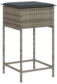 3 pcs conjunto de bar p/ jardim c/ almofadões vime PE cinzento