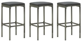 Bancos de bar com almofadões 3 pcs vime PE cinzento