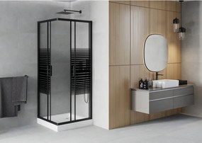 Mexen Rio cabine de duche quadrada 80 x 80 cm, riscas pretas, preto + base de duche, branco - 860-080-080-70-20-4510
