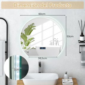 Espelho de casa de banho LED ajustável com 3 cores Função de memória Indicação de tempo e temperatura 53 x 60 cm Prata