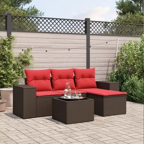 vidaXL 5 pcs conjunto sofás p/ jardim c/ almofadões vime PE castanho
