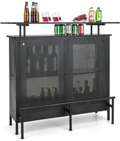 Mesa de bar alta Armário de bar em metal com 2 estantes para vinhos e 6 suportes para copos Suporte de bar Cozinha Pub 120 x 50 x 106,5 cm Preto