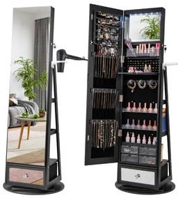 Armário para joias giratório 360° com fechadura, espelho de corpo inteiro e luzes LED - branco