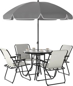 Conjunto de Mesa e Cadeiras de Jardim de 6 Peças com 4 Cadeiras Dobráveis Mesa de Vidro e Chapéu de Sol Creme