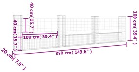 Cesto gabião em forma de U c/ 4 postes 380x20x100 cm ferro