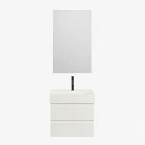 Conjunto De Móvel De Casa De Banho Em Madeira E Chapa De Freixo Com Lavatório Integrado Ona Branco & Retangular Led E Anti-embaciamento - Sklum