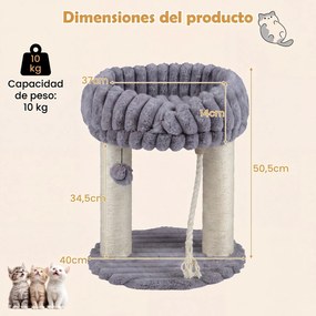 Árvore para Gatos Pequena, 40 x 40 x 50,5 cm, Plataforma Superior de Pelúcia, Cinzento