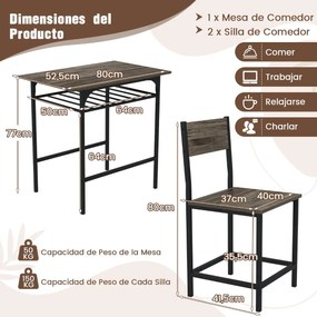 Conjunto de mesa de jantar com 2 cadeiras com prateleira aberta, estrutura metálica cinzento