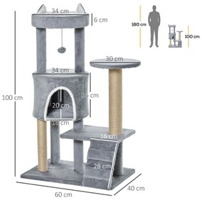 Arranhador para Gatos Médio de 5 Níveis com Plataforma Ninho Postes de Sisal Escada e Bola Suspensa 60x40x100 cm Cinza