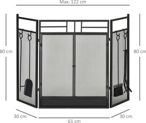 Conjunto de Proteção para Lareira com Utensílios, 122 x 1,6 x 80 cm, 3 Painéis Dobráveis com Porta, Preto