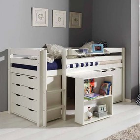 Conjunto Cama alta de Criança PINO 90 x 200 cm + estrado + escada + secretária extensível + cómoda com 4 gaveta + armário com 2 portas e uma prateleir