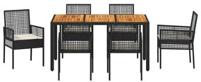 Conjunto de Jantar de Jardim de 7 Peças com Almofadas Preto Rattan Sin