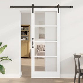 vidaXL Porta Deslizante com Conjunto de Ferragens 'ORKDAL'Madeira Sólida Branca e Vidro