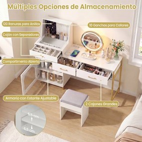 Toucador com espelho e luzes reguláveis 136 x 43 x 127,5 cm, mesa de vidro com 3 gavetas, ranhuras para anéis e ganchos, com porta e banco branco