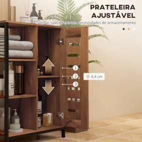 Móvel Auxiliar Casa de Banho com Porta de Ripas 3 Compartimentos Abertos Prateleira Ajustável 60x30x85 cm Castanho Rústico