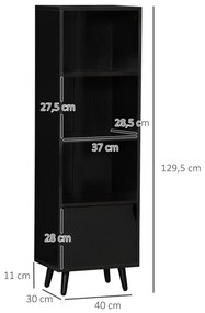 Estante com 3 Prateleiras Abertas e 1 Fechada com Porta Estante de Estilo Moderno para Armazenamento de Livros Brinquedos Plantas 40x30x129,5cm Preto