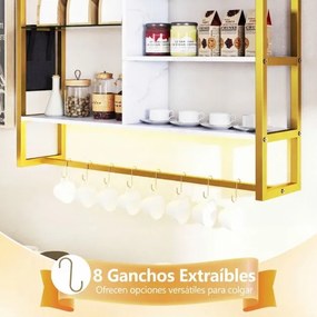 Prateleira suspensa 107 x 24 x 96 cm com luzes LED, controlo remoto via app, 6 níveis, 8 ganchos em S e bolso lateral para cozinha, bar ou casa – Bran