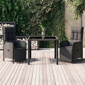 vidaXL 3 pcs conjunto de jantar p/ jardim c/ almofadões vime PE preto