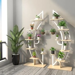 Conjunto de 2 Estantes Metálicas para Plantas 7 Níveis em Forma de Crescente Curvo com Gancho para Varanda 60x30x155 cm Brancas