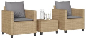 vidaXL 3 pcs conjunto bistrô com almofadões vime PE bege