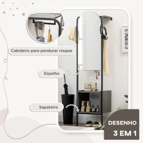 Móvel Cabide de Entrada com Espelho e Sapateiro Móvel Cabide de Entrada Moderno com Trilho para Pendurar 2 Ganchos para Corredor 44x40x176cm Preto