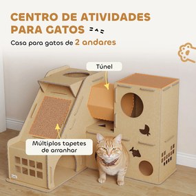 Casa para Gatos de Cartão em Forma de Castelo com 2 Níveis 3 Zonas de Arranhar Túnel e Rampa 78x66x57 cm Castanho