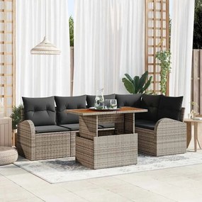 vidaXL Conjunto de Jantar de Jardim de 6 Peças com Almofadas Cinza em Rattan Poliéster e Acácia
