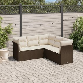 5 pcs conjunto sofás p/ jardim c/ almofadões vime PE castanho